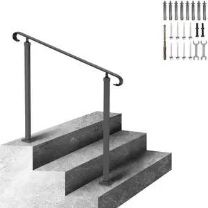 Handrails for Outdoor Steps, Fit 1-3 Steps Wrought Iron Handrail, Outdoor Stair Railing, Adjustable Front Porch Hand Rail, Black Transitional Hand railings for Concrete Steps or Wooden Stairs