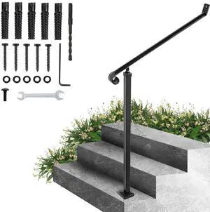 Handrails for Outdoor Steps 1-2 Step Railings Wrought Iron Handrail Stair Railings for Steps Black Iron Railings for Steps Wall and Floor Mounted with Installation Kit