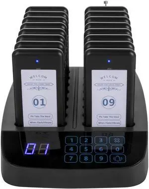 F101 Restaurant Pager System 16 Pagers, Max 98 Beepers Wireless Calling System, Touch Keyboard with Vibration, Flashing and Buzzer for Church, Nurse,Hospital & Hotel