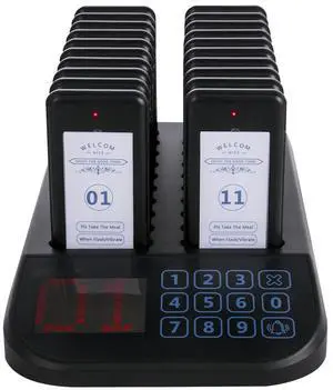 F103 Restaurant Pager System 20 Pagers, Max 98 Beepers Wireless Calling System, Touch Keyboard with Vibration, Flashing and Buzzer for Church, Nurse,Hospital & Hotel