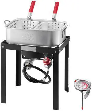 18 Qt Fish and Wing Fryer with Double Basket, Aluminum Propane Fish Fryer Kit, Outdoor Deep Fryer Seafood Pot with Thermometer and 58,000 BTUs Propane Burners, for Outdoor and Backyard Cooking 18 Qt Fish and Wing Fryer with Double Basket, Aluminum Propane Fish Fryer Kit, Outdoor Deep Fryer Seafood Pot with Thermometer and 58,000 BTUs Propane Burners, for Outdoor and Backyard Cooking