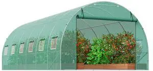 Walk-in Tunnel Greenhouse, 19.4x9.7x6.5 ft Hoop House Greenhouse Tunnel, Plant Hot House with Galvanized Steel Frame, Green PE Cover, Roll-up Zipper Door and 12 Windows for Outdoor