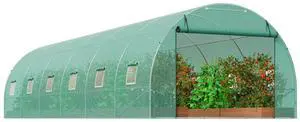 Walk-in Tunnel Greenhouse, 29.2x9.7x6.5 ft Hoop House Greenhouse Tunnel, Plant Hot House with Galvanized Steel Frame, Green PE Cover, Roll-up Zipper Door and 12 Windows for Outdoor