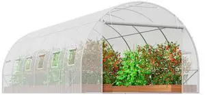 Walk-in Tunnel Greenhouse, 19.4x9.7x6.5 ft Hoop House Greenhouse Tunnel, Plant Hot House with Galvanized Steel Frame, White PE Cover, Roll-up Zipper Door and 12 Windows for Outdoor