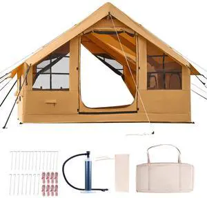 Inflatable Tents for Camping, 5-8 Person Easy Setup Blow up Tent with Hand Pump, Luxury Glamping Tent with 2 Skylights, Canopy, Stove Jack 2 Doors & Mesh Windows (Storage Bag Included)