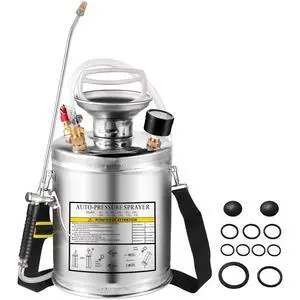 1 Gallon Stainless Steel Sprayer, 12" Wand & 3FT Reinforced Hose, Hand Pump Sprayer with Pressure Gauge, Safety Valve & Adjustable Nozzle, Garden Weed Sprayer for Lawn, Gardening, Sanitizing