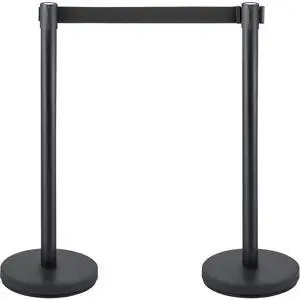 Crowd Control Stanchion, Set of 6 Pieces Stanchion Set, Stanchion Set with 6.6 ft/2 m Black Retractable Belt, Black Crowd Control Barrier with Concrete and Metal Base - Easy Connect Assembly