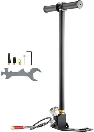 PCP Hand Pump, 3 Stage, 30Mpa 4500 PSI High Pressure PCP Air Rifile Filling Stirrup Pump with Oil-Moisture Filter Pressure Gauge, Stainless Steel for Airguns Scuba Tank Paintball Filling Tire