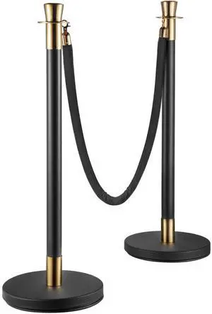 Crowd Control Stanchion, Set of 6 Pieces Stanchion Set, Stanchion Set with 5 ft/1.5 m Black Velvet Rope, Black Crowd Control Barrier with Sturdy Concrete and Metal Base  Easy Connect Assembly