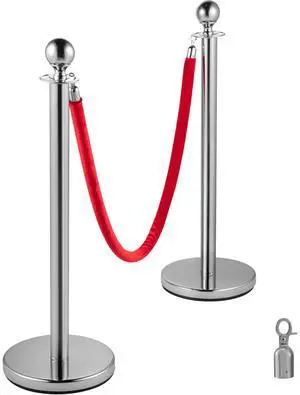 Crowd Control Stanchion, Set of 4 Pieces Silver Stanchion Set, Stanchion Set with 5 ft/1.5 m Red Velvet Rope, Crowd Control Barrier