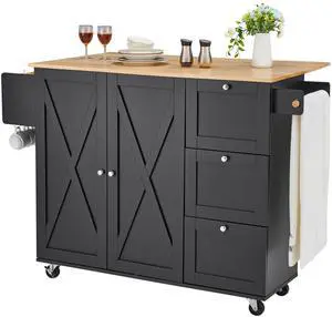 Kitchen Island Cart, 56" Wood Top Mobile Carts with Storage Cabinet, Rolling Table with Drop Leaf, Spice Rack, Towel Bar, Adjustable Shelf, Drawer, and Hooks, Portable Islands on Wheels, Black Kitchen Island Cart, 56" Wood Top Mobile Carts with Storage Cabinet, Rolling Table with Drop Leaf, Spice Rack, Towel Bar, Adjustable Shelf, Drawer, and Hooks, Portable Islands on Wheels, Black