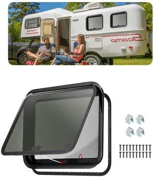 RV Exit Window, 30" W x 22" H Tinted RV Window with Net Screen and Trim Ring, Fit for 1 1/4" - 1 13/16" Thickness Wall, RV Window Replacement for Teardrop Cargo Trailer Camper, DOT Approved RV Exit Window, 30" W x 22" H Tinted RV Window with Net Screen and Trim Ring, Fit for 1 1/4" - 1 13/16" Thickness Wall, RV Window Replacement for Teardrop Cargo Trailer Camper, DOT Approved