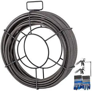 Drain Cleaning Cable 100 FT x 3/8 Inch, Solid Core Steel Sewer Cable with 4 Cutter for 2" to 4" Pipes, Sewer Auger Cleaner Cable for Sink, Floor Drain, Toilet