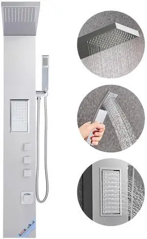 Shower Panel Tower System with Rainfall Shower Head, 53 in Brushed Stainless Steel Shower Column, 3-Function Faucet, High Pressure Wall-Mount Rain Massage System, with Large Body Jet, Handheld Shower Panel Tower System with Rainfall Shower Head, 53 in Brushed Stainless Steel Shower Column, 3-Function Faucet, High Pressure Wall-Mount Rain Massage System, with Large Body Jet, Handheld