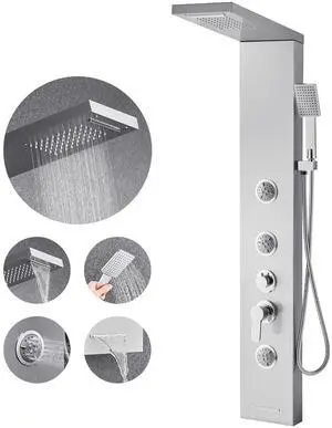 VEVOR Shower Panel Tower System with Rainfall Waterfall Shower Head, 53 in Brushed Stainless Steel Shower Column, 5-Function Faucet, Wall-Mount Rain Massage System with 3 Body Jet, Handheld, Tub Spout