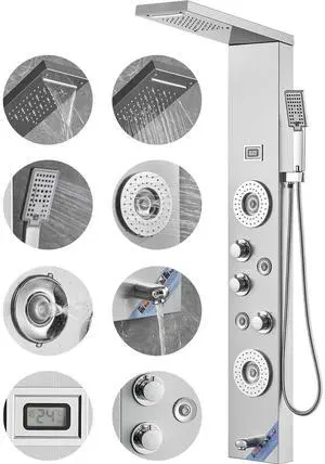 Shower Panel System, 6 Shower Modes, LED & Display Shower Panel Tower, Rainfall, Waterfall, 4 Body Massage Jets, Tub Spout, Handheld Shower Head 59" Hose, Stainless Steel Wall-Mounted Shower Set Shower Panel System, 6 Shower Modes, LED & Display Shower Panel Tower, Rainfall, Waterfall, 4 Body Massage Jets, Tub Spout, Handheld Shower Head 59" Hose, Stainless Steel Wall-Mounted Shower Set