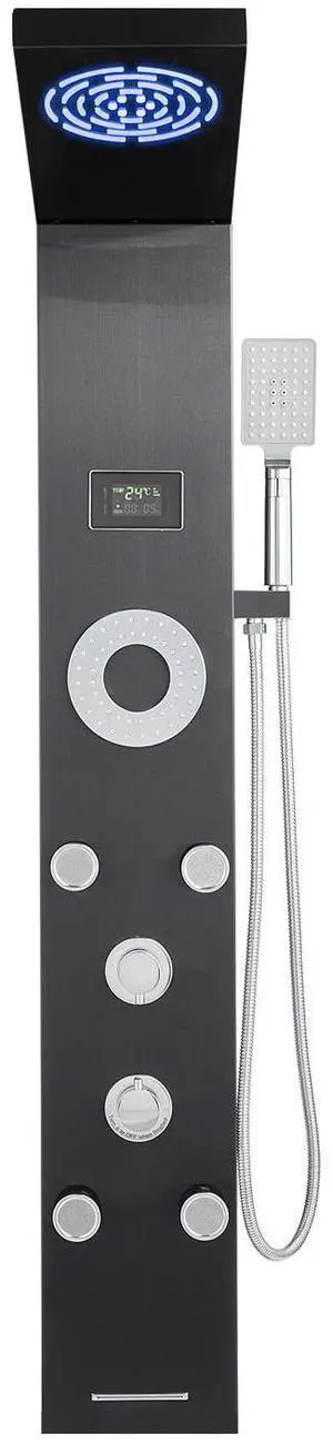 Shower Panel Tower System with Rainfall Shower Head, LED, 53 in Brushed Stainless Steel Shower Column, 6-Function Faucet, Wall-Mount Rain Massage System with 5 Body Jets, Handheld, Tub Spout Shower Panel Tower System with Rainfall Shower Head, LED, 53 in Brushed Stainless Steel Shower Column, 6-Function Faucet, Wall-Mount Rain Massage System with 5 Body Jets, Handheld, Tub Spout