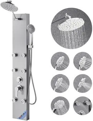 Shower Panel Tower System with Rainfall Shower Head, 49 in Brushed Stainless Steel Shower Column, 3-Function Faucet, High Pressure Wall-Mount Rain Massage System with 6 Body Jets and Handheld Shower Panel Tower System with Rainfall Shower Head, 49 in Brushed Stainless Steel Shower Column, 3-Function Faucet, High Pressure Wall-Mount Rain Massage System with 6 Body Jets and Handheld