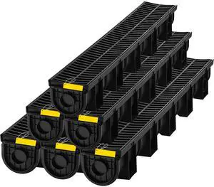 Trench Drain System, Channel Drain with Plastic Grate, 5.9x5.1-Inch HDPE Drainage Trench, Black Plastic Garage Floor Drain, 6x39 Trench Drain Grate, with 6 End Caps, for Garden, Driveway-6 Pack