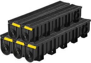 Trench Drain System, Channel Drain with Plastic Grate, 5.9x7.5-Inch HDPE Drainage Trench, Black Plastic Garage Floor Drain, 5x39 Trench Drain Grate, with 5 End Caps, for Garden, Driveway-5 Pack