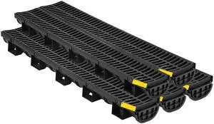 Trench Drain System, Channel Drain with Plastic Grate, 5.7x3.1-Inch HDPE Drainage Trench, Black Plastic Garage Floor Drain, 5x39 Trench Drain Grate, with 5 End Caps, for Garden, Driveway-5 Pack
