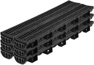 Trench Drain System, Channel Drain with Plastic Grate, 5.8x3.1-Inch HDPE Drainage Trench, Black Plastic Garage Floor Drain, 6x39 Trench Drain Grate, with 6 End Caps, for Garden, Driveway-6 Pack