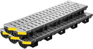 Trench Drain System, Channel Drain with Metal Grate, 5.7x3.1-Inch HDPE Drainage Trench, Black Plastic Garage Floor Drain, 5x39 Trench Drain Grate, with 5 End Caps, for Garden, Driveway-5 Pack