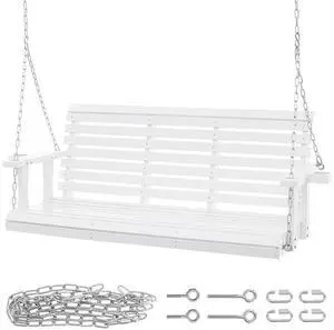Wooden Porch Swing 5.5 ft, Patio bench swing for Courtyard & Garden, Upgraded 880 lbs Strong Load Capacity, Heavy Duty Swing Chair Bench with Hanging Chains for Outdoors, White Wooden Porch Swing 5.5 ft, Patio bench swing for Courtyard & Garden, Upgraded 880 lbs Strong Load Capacity, Heavy Duty Swing Chair Bench with Hanging Chains for Outdoors, White