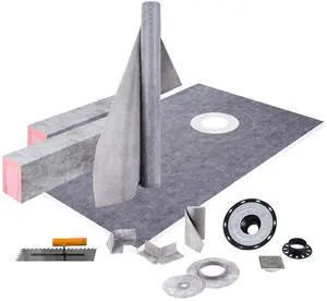 Shower Curb Kit, 38"x60" Watertight Shower Curb Overlay with 4\" ABS Offset Bonding Flange, 4\" Stainless Steel Grate, 2 Cuttable Shower Curb and Trowel, Shower Pan Slope Sticks Fit for Bathro