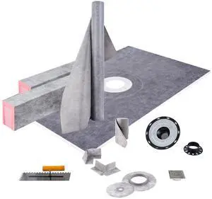 Shower Curb Kit, 38\"x60\" Watertight Shower Curb Overlay with 4\" PVC Central Bonding Flange, 4\" Stainless Steel Grate, 2 Cuttable Shower Curb and Trowel, Shower Pan Slope Sticks Fit for Bathr