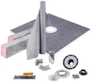 Shower Curb Kit, 48\"x48\" Watertight Shower Curb Overlay with 4\" PVC Central Bonding Flange, 4\" Stainless Steel Grate, 2 Cuttable Shower Curb and Trowel, Shower Pan Slope Sticks Fit for Bathr
