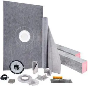 Shower Curb Kit, 48\"x72\" Watertight Shower Curb Overlay with 4\" ABS Central Bonding Flange, 4\" Stainless Steel Grate, 2 Cuttable Shower Curb and Trowel, Shower Pan Slope Sticks Fit for Bathr