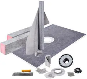Shower Curb Kit, 48\"x72\" Watertight Shower Curb Overlay with 4\" PVC Central Bonding Flange, 4\" Stainless Steel Grate, 2 Cuttable Shower Curb and Trowel, Shower Pan Slope Sticks Fit for Bathr