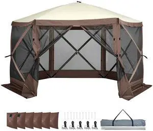 Pop Up Gazebo Tent, Pop-Up Screen Tent 6 Sided Canopy Sun Shelter with 6 Removable Privacy Wind Cloths & Mesh Windows, 11.5x11.5FT Quick Set Screen Tent with Mosquito Netting, Brown Pop Up Gazebo Tent, Pop-Up Screen Tent 6 Sided Canopy Sun Shelter with 6 Removable Privacy Wind Cloths & Mesh Windows, 11.5x11.5FT Quick Set Screen Tent with Mosquito Netting, Brown