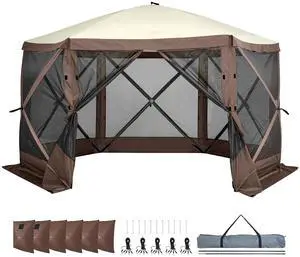Pop Up Gazebo Tent, Pop-Up Screen Tent 6 Sided Canopy Sun Shelter with 6 Removable Privacy Wind Cloths & Mesh Windows, 12.5x12.5FT Quick Set Screen Tent with Mosquito Netting, Brown Pop Up Gazebo Tent, Pop-Up Screen Tent 6 Sided Canopy Sun Shelter with 6 Removable Privacy Wind Cloths & Mesh Windows, 12.5x12.5FT Quick Set Screen Tent with Mosquito Netting, Brown