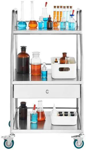 Lab Serving Cart, 3 Layers Stainless Steel Utility Rolling Cart, Medical Cart with A Drawer, Dental Utility Cart with Lockable Wheels, for Laboratory, Hospital, Dental Use Lab Serving Cart, 3 Layers Stainless Steel Utility Rolling Cart, Medical Cart with A Drawer, Dental Utility Cart with Lockable Wheels, for Laboratory, Hospital, Dental Use
