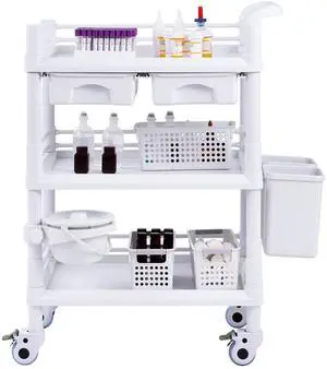 3 Tiers Lab Carts, Lab Utility Cart with 3 Trays & 4 Silent Wheels, Mobile Medical Cart with PP Material, Lab Rolling Cart with 3 Trash Cans for Lab, Clinic, Hospital, Salon, White 3 Tiers Lab Carts, Lab Utility Cart with 3 Trays & 4 Silent Wheels, Mobile Medical Cart with PP Material, Lab Rolling Cart with 3 Trash Cans for Lab, Clinic, Hospital, Salon, White