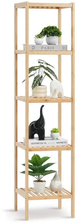 5-Tier Bathroom Standing Shelf, Narrow Shelving Unit, Display Storage Rack Organizer, Freestanding Flower Plant Stand, Multifunctional Bamboo Shelf Ideal for BathRoom, Kitchen, Home, Natural 5-Tier Bathroom Standing Shelf, Narrow Shelving Unit, Display Storage Rack Organizer, Freestanding Flower Plant Stand, Multifunctional Bamboo Shelf Ideal for BathRoom, Kitchen, Home, Natural