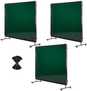 Welding Screen with Frame, 3-Panel 6 x 8 FT Welding Curtain Screen, Flame-Resistant Vinyl Safety Protection Screens with 12 Wheels & 6-Level UV Protection for Workshop/Industrial Use, Dark Green