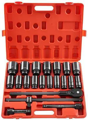 Impact Socket Set 3/4 Inches 22 Piece Deep Impact Sockets, Socket Assortment 3/4 Inches Drive Socket Set Impact Standard SAE Sizes 7/8 Inches to 2 Inches Includes Adapters and Ratchet Handle