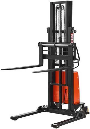 Semi Electric Pallet Stacker, 3300 lbs Load Capacity, Pallet Lift Stacker Forklift with Straddle Legs, 96.06 Inches Lifting Height & 8.3-33.86 Inches Adjustable Fork Width, Orange & Black
