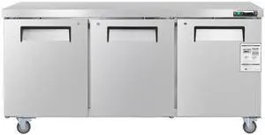 72" W Commercial Freezer, 17.7 Cu.Ft Worktop Freezers Undercounter with LED Auto Lighting and Lockable Door, 3 Doors Food Freezing Prep Worktable, Stainless Steel Prep Frozen Table with Casters