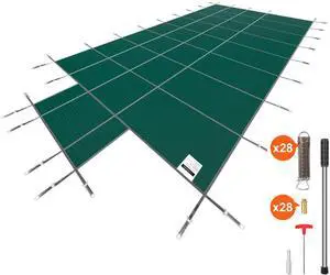 Pool Safety Cover Fits 16x32ft Rectangle Inground Pools, Safety Pool Cover with 4x10ft Center End Step, Mesh Solid Pool Cover with Drainage Holes for Swimming Pool, Winter Safety Cover, Green