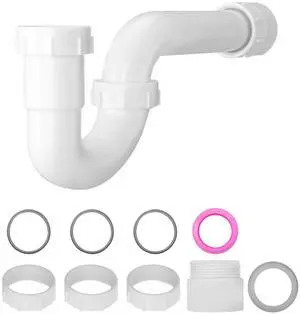 P-Trap, 1-1/2 Inch P Trap Sink Drain Pipe Kit with Threaded Adapter and TPU Leak-Resistant Washers, PP Plastic Pipe Basin Waste Kit, Under Sink Plumbing for Kitchen Bathroom Sewer Drain, White P-Trap, 1-1/2 Inch P Trap Sink Drain Pipe Kit with Threaded Adapter and TPU Leak-Resistant Washers, PP Plastic Pipe Basin Waste Kit, Under Sink Plumbing for Kitchen Bathroom Sewer Drain, White