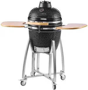 Charcoal Smoker and Grill, 18" Kamado Charcoal BBQ Smoker, Movable Ceramic Barbecue Grill with 4 Wheels (2 Lockable), Built-in Thermometer, Air Vents & Side Shelf for Outdoor Patio Yard Cooking