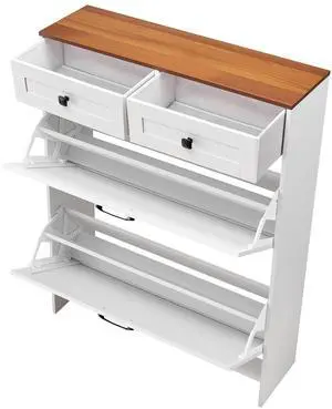 Shoe Cabinet with 2 Flip Drawers, Farmhouse Shoes Storage Cabinet with 2 Drawers and Anti-Tipping Device, Freestanding Shoe Organizer Ideal for Entryway, Hallway, Bedroom, Living Room, White Shoe Cabinet with 2 Flip Drawers, Farmhouse Shoes Storage Cabinet with 2 Drawers and Anti-Tipping Device, Freestanding Shoe Organizer Ideal for Entryway, Hallway, Bedroom, Living Room, White