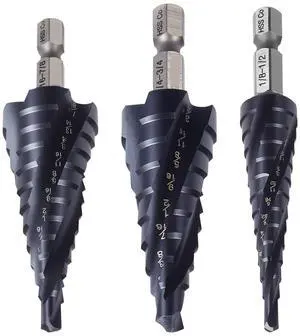 Step Drill Bit Set, 1/8 - 7/8 inch, 3 Pieces Step Drill Bits, 1/4 inch Hex Shank, TiAlN Coating Cobalt HSS High Speed Steel, for Metal, Stainless Steel, Aluminum, Wood, Plastic, Fiberglass Step Drill Bit Set, 1/8 - 7/8 inch, 3 Pieces Step Drill Bits, 1/4 inch Hex Shank, TiAlN Coating Cobalt HSS High Speed Steel, for Metal, Stainless Steel, Aluminum, Wood, Plastic, Fiberglass