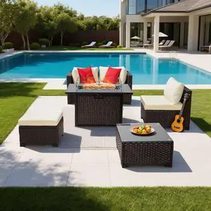 6-Piece Outdoor Patio Furniture Set, Wicker Rattan Outdoor Sectional Conversation Set with 50000BTU Propane Fire Pit Table, Cushioned Sofas, Coffee Table & Ottoman for Patio Garden Backyard