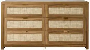 6 Drawer Rattan Dresser, Double Dresser for Bedroom, Natural Rattan Chest of Drawer with Metal Handle, Modern Wood Chest Clothing Organizer & Storage for Bedroom, Living Room, Hallway, Walnut