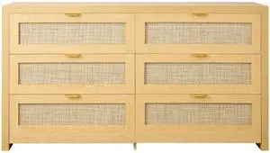 6 Drawer Rattan Dresser, Double Dresser for Bedroom, Natural Rattan Chest of Drawer with Metal Handle, Modern Wood Chest Clothing Organizer & Storage for Bedroom, Living Room, Hallway, Burlywood